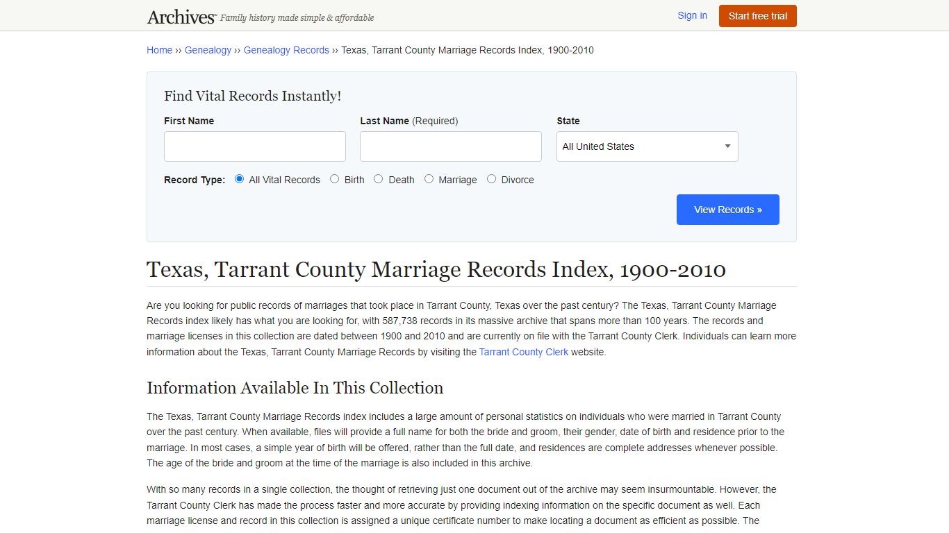 Texas, Tarrant County Marriage Records Index, 1900-2010 - Archives.com