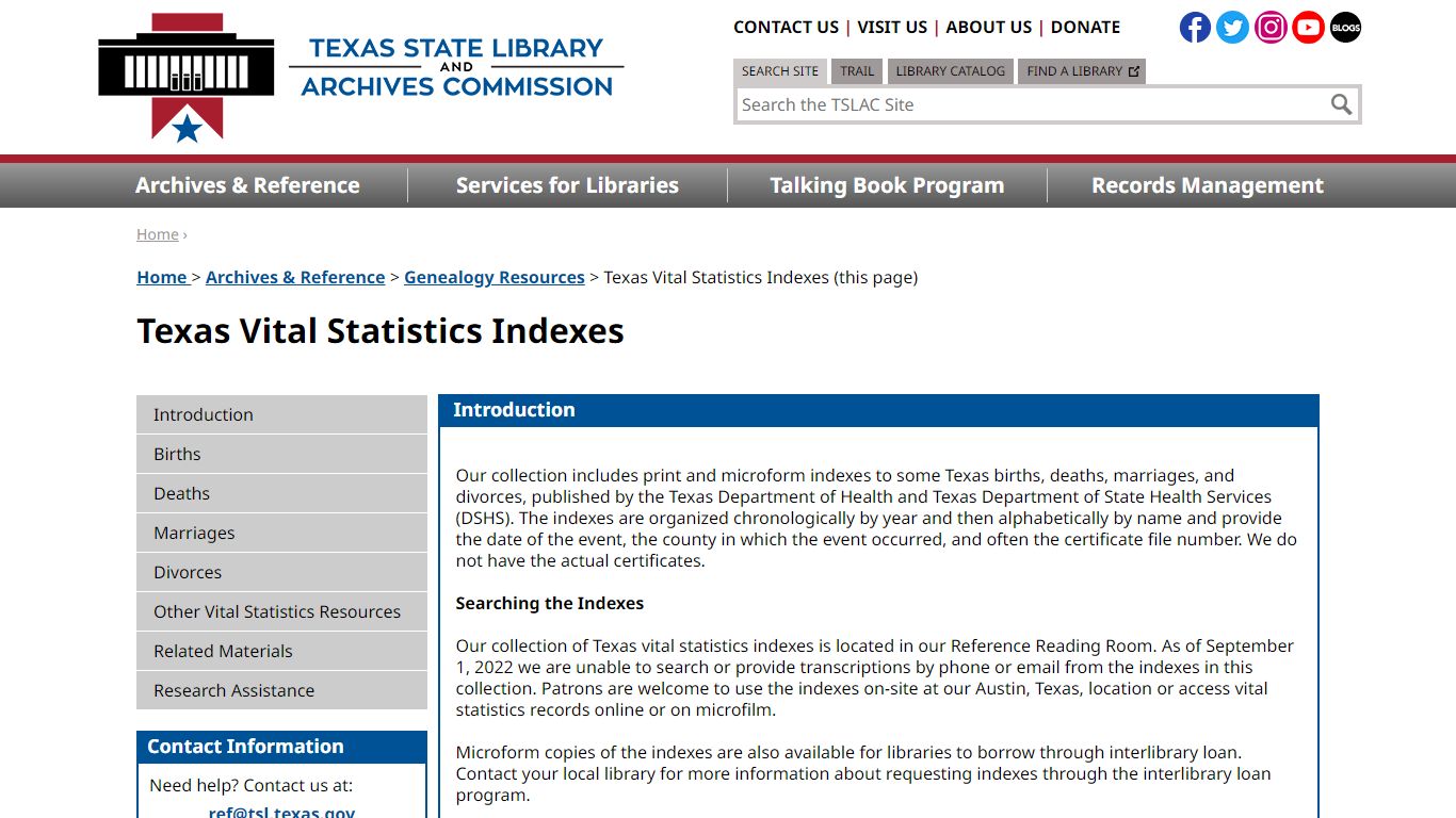 Texas Vital Statistics Indexes | TSLAC
